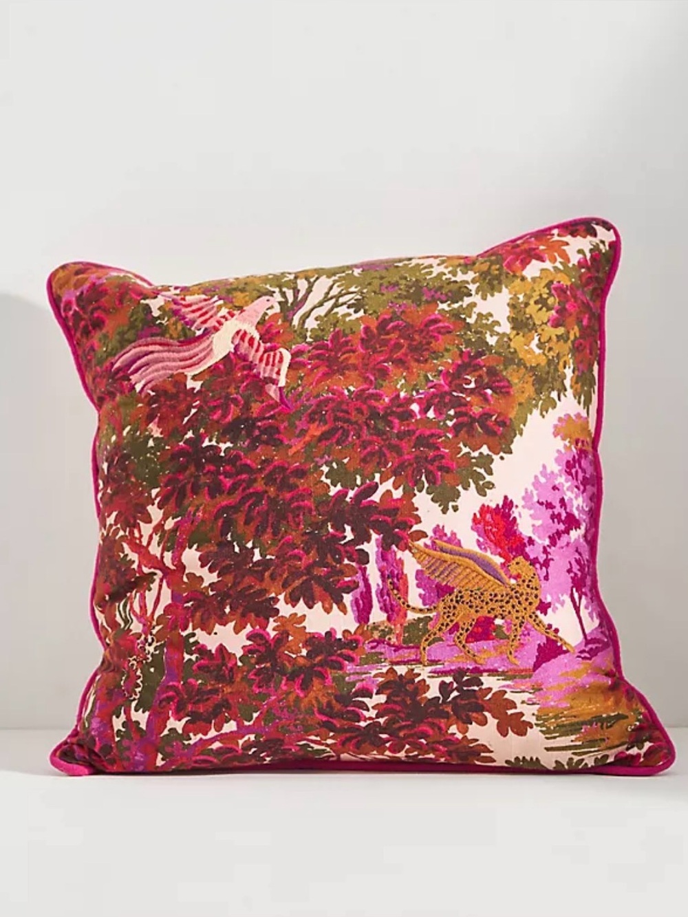Anthropologie Fuchsia, Olive & Cream Botanical Velvet Pillow